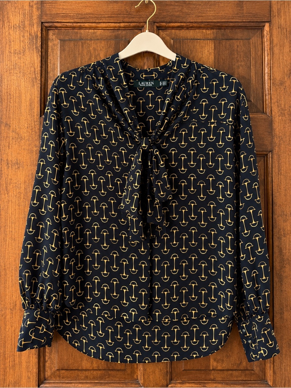 Lauren Ralph Lauren Navy and Gold Equestrian Patterned long Sleeve Blouse